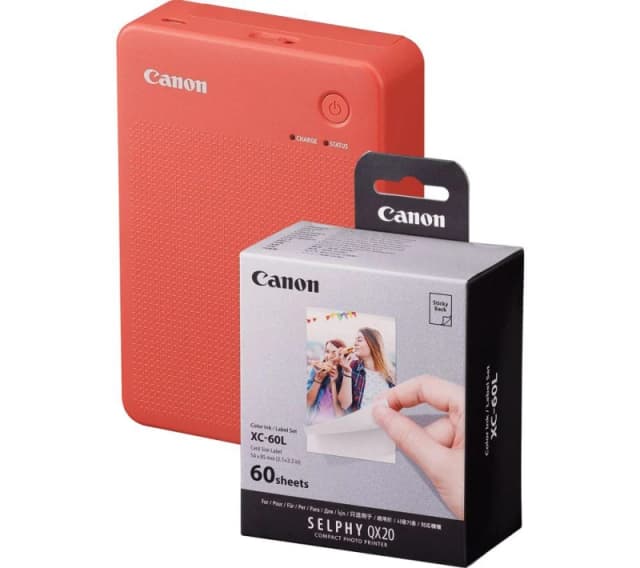 Canon SELPHY QX20 Portable Colour Photo Wireless Printer & XC-60L 54 x 85mm Photo Paper & Ink Set - Terracotta Red, 60 Sheets, Red 5055189045682
