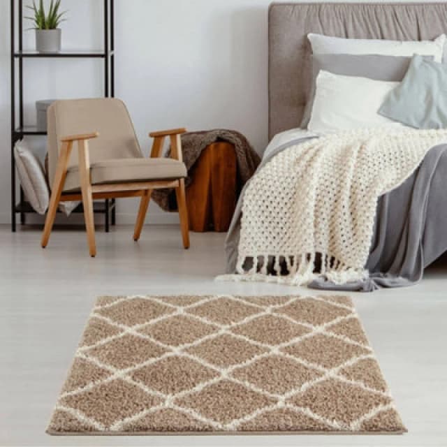THE RUGS Soft Moroccan Shaggy Rugs & Runners Beige & Ivory Living Room Size: 120cm x 120cm Beige Unisex 120cm x 120 cm