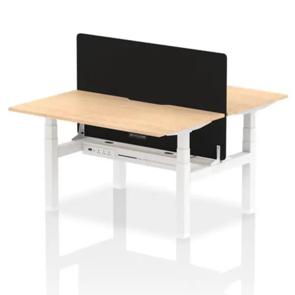 Air Air Back-to-Back 1400 x 800mm Height Adjustable 2 Person Bench Desk Maple Top with Scalloped Edge White Frame with Black Straight Screen HASSE2P1