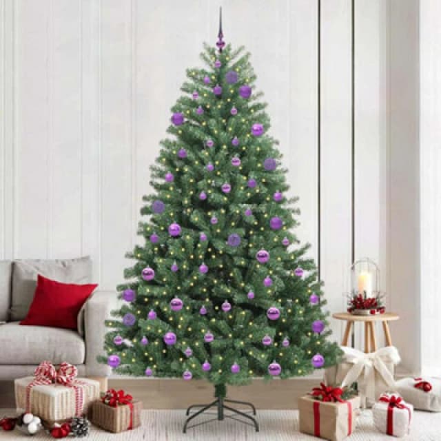 vidaXL Artificial Hinged Christmas Tree with Lilac Balls Green 240cm PVC and Metal, Green 3395511