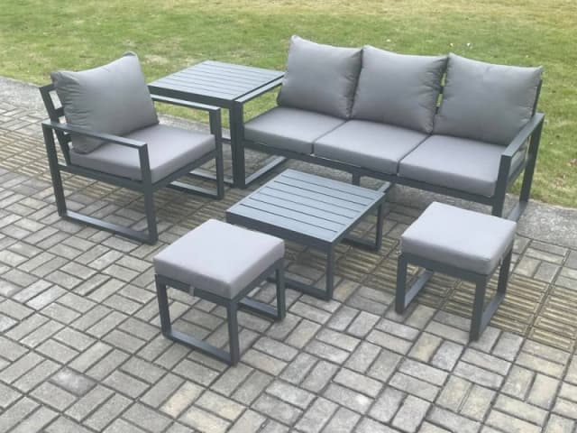 Fimous Aluminium Outdoor Garden Furniture Set Patio Lounge Sofa Chair Set with Coffee Table Side Table 2 Small Footstools Conservatory Set Dark Grey U