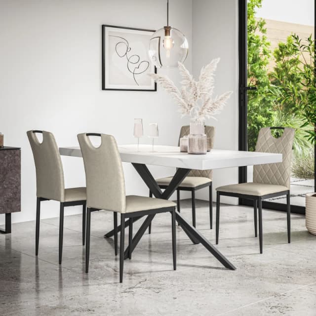 More4Homes Donni Dining Table And Chairs - White Marble Effect Table Top W Black Legs + Monza Linen Dining Chair Set Of 4 (Beige)