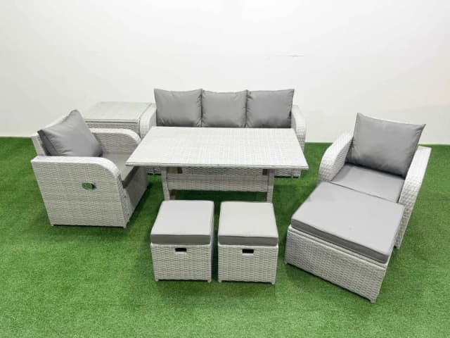 Fimous PE Rattan Garden Furniture Set Reclining Chair Sofa Lounge Sofa Set Rectangular Dining Table Side Table 3 Stools Light Grey Light Grey