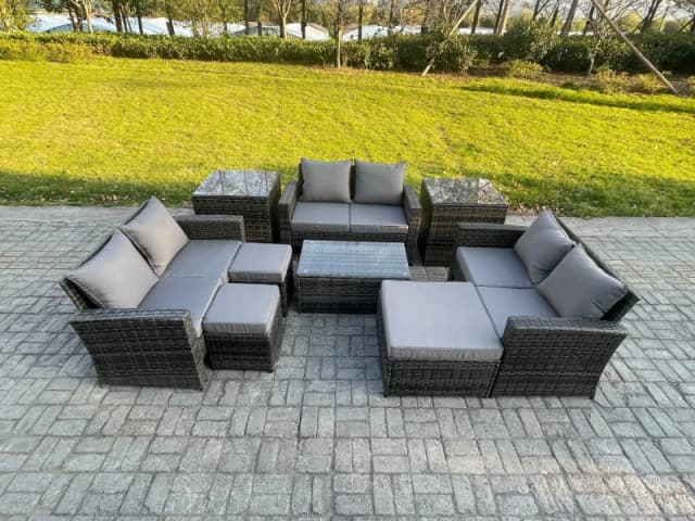 Fimous 9pc Rattan Sofa Garden Furniture Outdoor Patio Set with 2 Side Tables 3 Footstools Love Seat Sofa Dark Grey Mixed Dark Grey Unisex