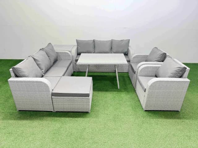 Fimous Rattan High Back Lounge Sofa Set Patio Dining Table & Chairs Set With Side Table Big Stool Light Grey