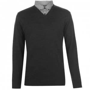 Pierre Cardin Mock V Neck Knit Jumper Mens - Charcoal Marl