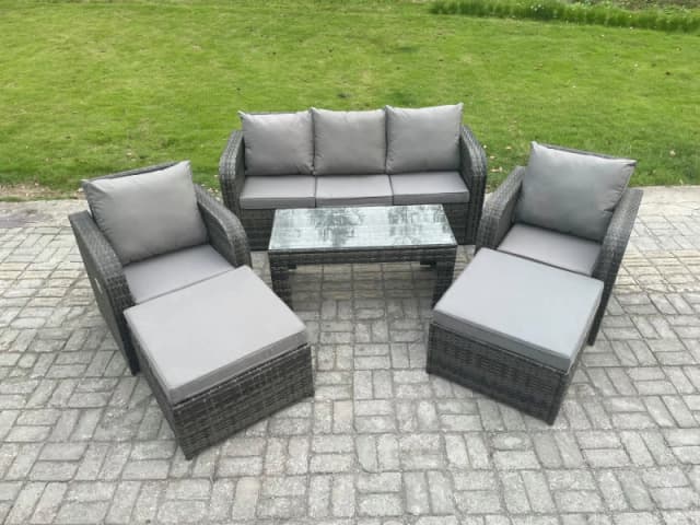 Fimous 7 Seater Rattan Wicker Garden Furniture Patio Conservatory Sofa Set with Rectangular Coffee Table Reclining Chair 2 Big Footstool Dark Grey