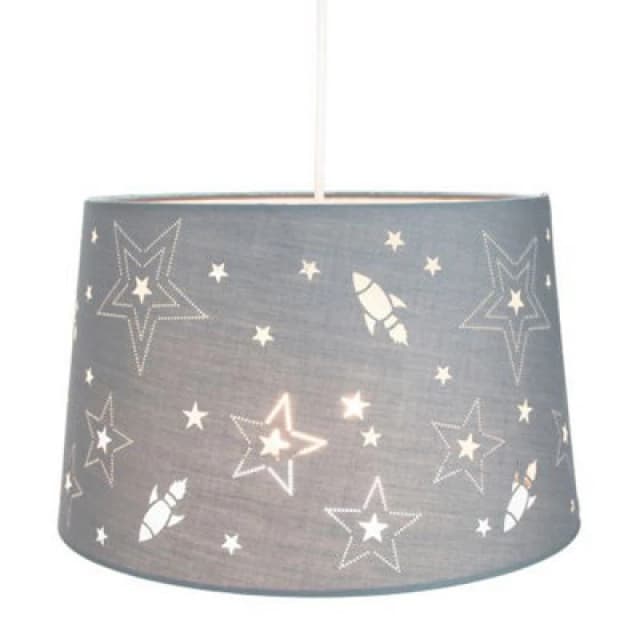 Happy Homewares Fun Rockets And Stars Childrens/kids Grey Cotton Bedroom Pendant Or Lamp Shade