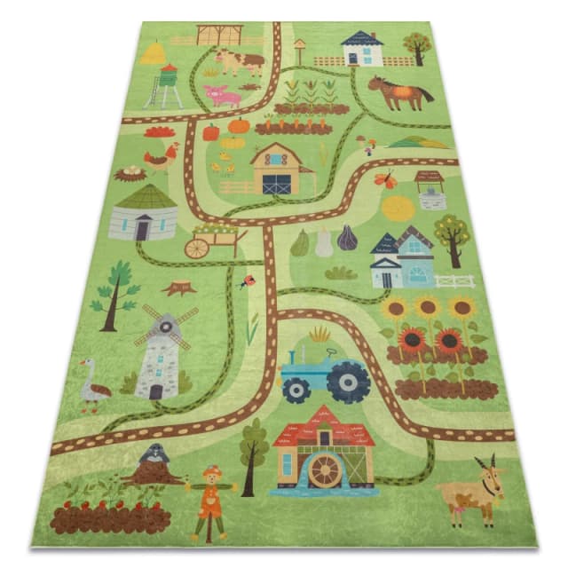 RugsX Bambino 50200 Washing Carpet Village, Streets For Children Anti Slip - Green / Bro 120X170 Cm