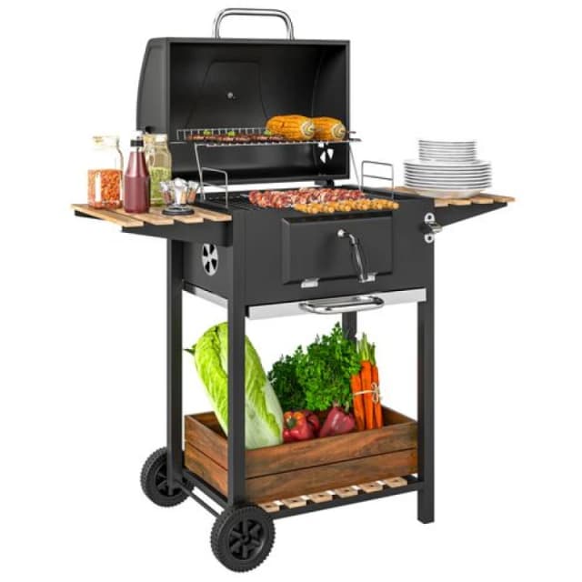Outsunny Charcoal BBQ Grill with Warming Rack 3 Shelves Temperature Gauge, Black 846-170V00BK