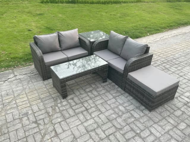 Fimous High Back Rattan Garden Furniture Set with Loveseat Sofa Coffee Table Big Footstool Side Table Indoor Outdoor Dark Grey