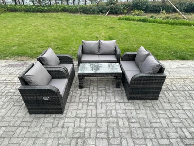 Fimous Patio Garden Furniture Sets Wicker 6 Seater Outdoor Rattan Furniture Sofa Sets with Rectangular Coffee Table Reclining Chair Dark Grey