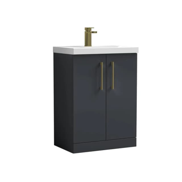 Balterley Bathroom 2 Soft Close Door Floor Vanity, Ceramic Basin, Grey, 600mm in Grey Grey Unisex