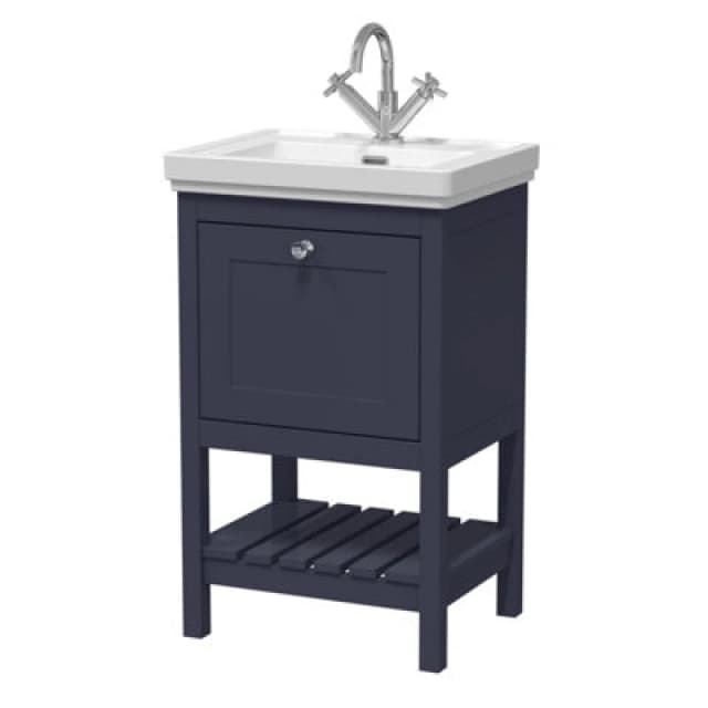 Nuie Old London Bexley Floor Standing 1 Drawer Vanity & 1 Tap Hole Fireclay Basin, Stylish Vanity Unit With Basin, Indigo Blue, 500mm
