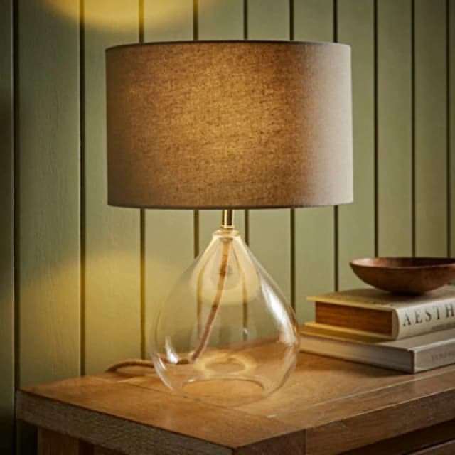 ValueLights ValueLights Eloise Natural Linen Drum Shade Clear Glass Teardrop Table Lamp Natural One Size Unisex 5016529271499