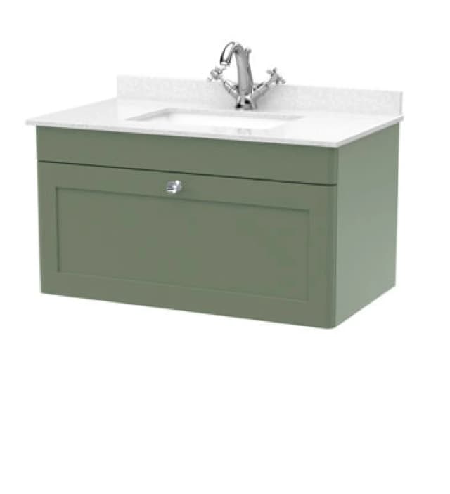 nuie 800mm Wall Hung 1 Drawer Vanity & Marble Top 1TH - Satin Green CLC896WS1