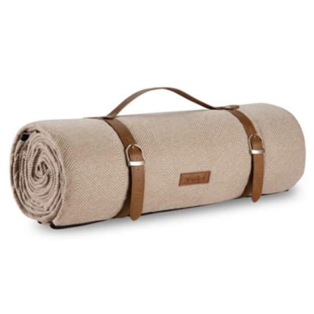 Vonshef Picnic Blanket, Beige Herringbone Weatherproof Picnic Rug, W/faux Leather Carry Handle, Blanket & Travel Mat, 200 X 220Cm