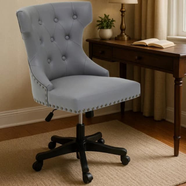 Orsina Grey Leather Effect Home Office Chair, Emerald Button Tufted Wingback Seat, Height Adjustable Swivel Chair