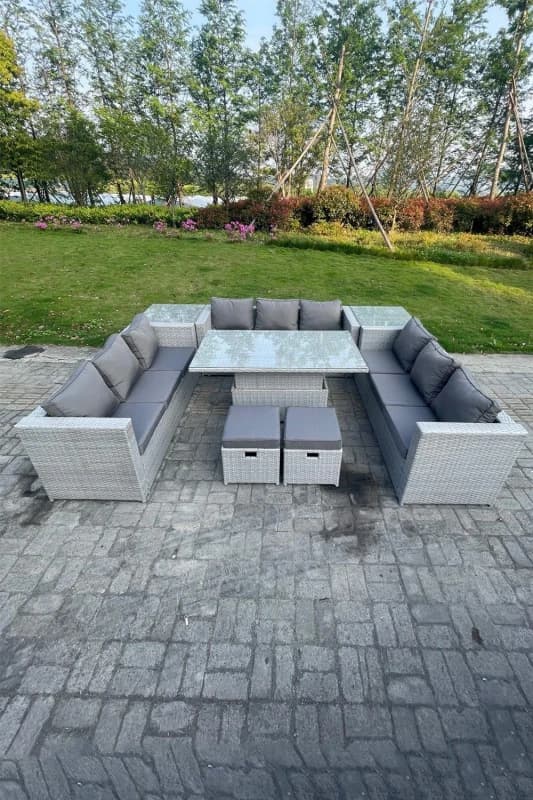 Fimous U Shape Rattan Garden Furniture Adjustable Rising Lifting Table Dining Set 2 PC Side Table Stool Light Grey