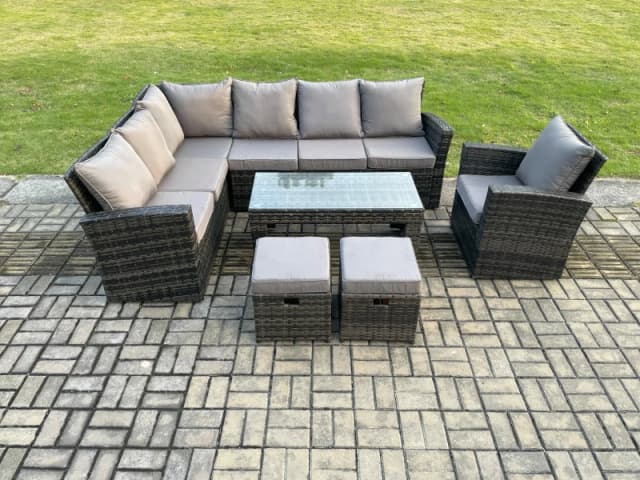 Fimous 9 Seat Rattan Garden Furniture Corner Sofa Set Outdoor Patio Sofa Chair Table Set with 2 Small Footstools in Dark Grey Dark Grey Unisex