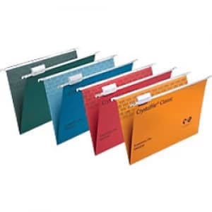 Rexel Crystalfile Classic Vertical Suspension File 71784 Foolscap V Base 15mm 230 gsm Assorted 100% Recycled Manilla Pack of 20
