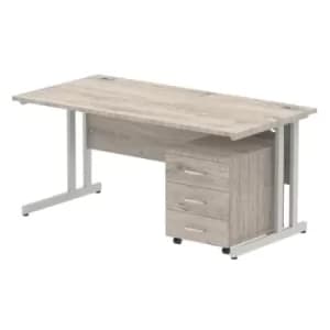 Impulse 1600 Straight Cantilever Silver Workstation With Three Drawer Mobile Pedestal Bundle Grey Oak