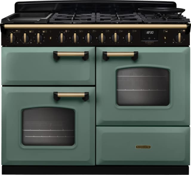 Rangemaster Classic Deluxe 110 CLDLO110DFPMGR/AB1 110cm wide Dual Fuel Range Cooker with Gas Hob - Mineral Green / Antique Brass - A Rated