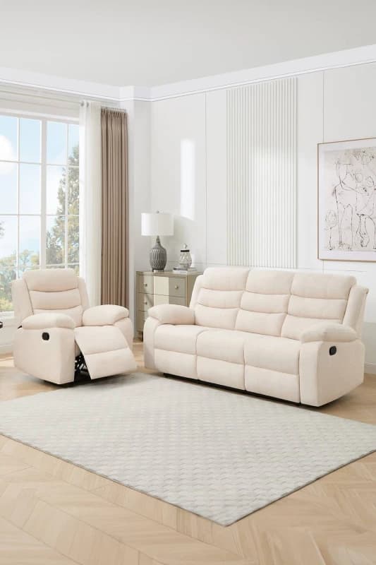 More4Homes Boston Manual Recliner Fabric 1+3 Seater Sofa Set in Beige Beige Unisex