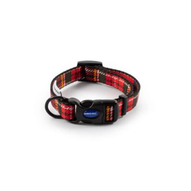 Ancol Red Tartan Print Comfortable Nylon Adjustable 45-70cm Dog Collar Red