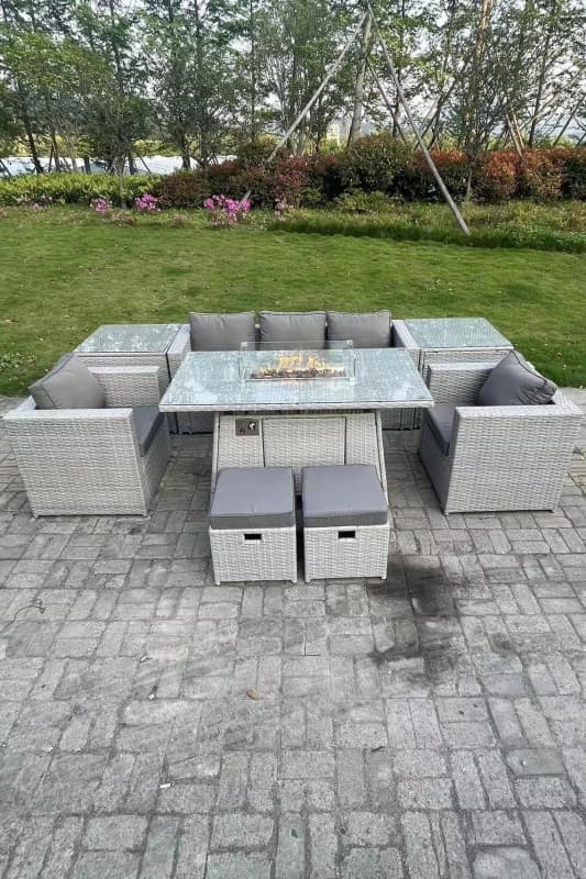 Fimous Rattan Garden Furniture Set Gas Fire Pit Lounge Sofa Chair Dining Set With 2 Side Table Light Grey