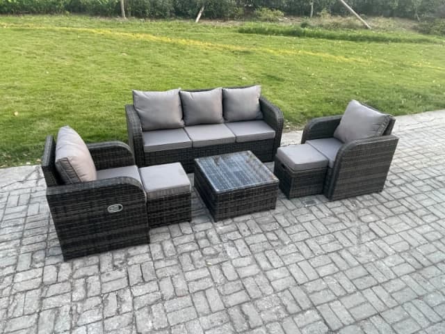 Fimous Garden Furniture Sets Wicker Rattan Furniture Patio Sofa Sets with Reclining Chair 3 Seater Sofa 2 Small Footstools Dark Grey