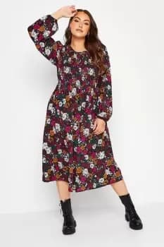 Retro Floral Balloon Sleeve Midi Dress