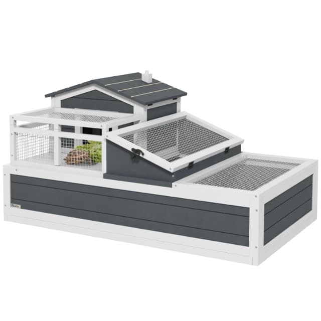PawHut Wooden Tortoise House Indoor Outdoor w/ Balcony - Tray - Openable Roof TJ Hughes Grey 5061025083909