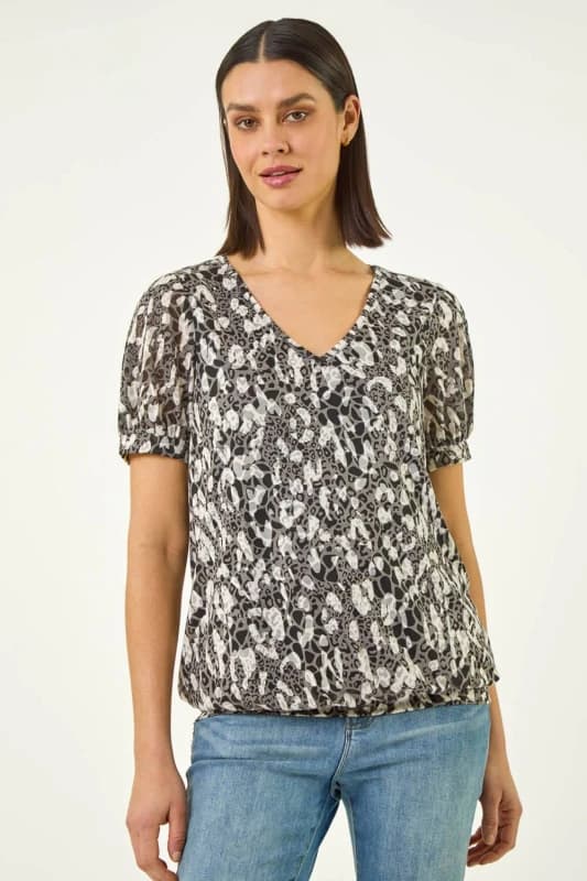 Roman Womens Animal Print Burnout Top in Black Size: 18 Black Female 18