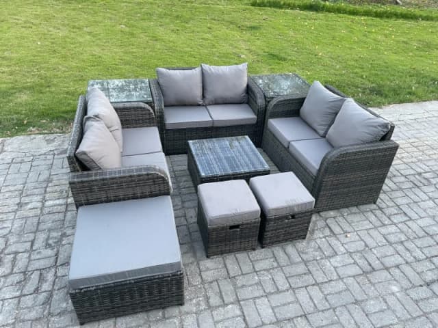 Fimous 9 Seater Outdoor Garden Furniture Sets Wicker Rattan Furniture Sofa Sets with Square Coffee Table Love seat Sofa 3 Footstools 2 Side Tables Dar