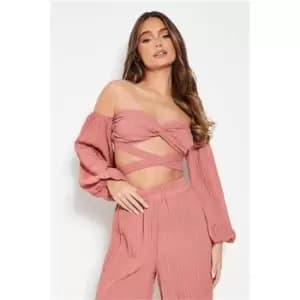 I Saw It First Rose Textured Off The Shoulder Long Sleeve Crop Top Co-Ord - Pink
