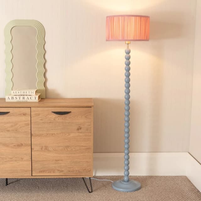 ValueLights Bobbins Powder Blue Floor Lamp with Ruched Pleated Drum Lamp Shade Light Pink
