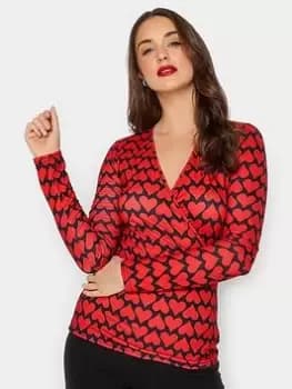 Long Tall Sally Red Heart Print Wrap Top, Red, Size 10, Women