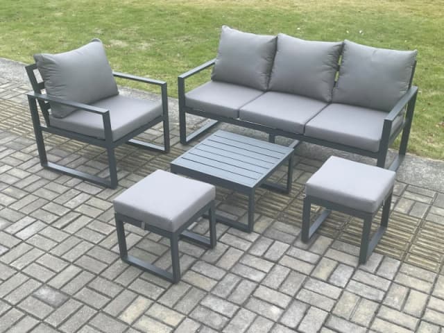 Fimous Aluminium Outdoor Garden Furniture Set Lounge Sofa Chair Square Coffee Table Sets with 2 Small Footstools Dark Grey Dark Grey Unisex