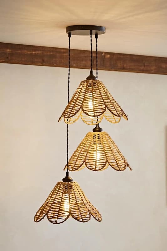 ValueLights ValueLights Vine Rattan Flower Shade 3 Drop Cluster Matte Black Ceiling Pendant Light in Natural Natural One Size Unisex 5059406062469