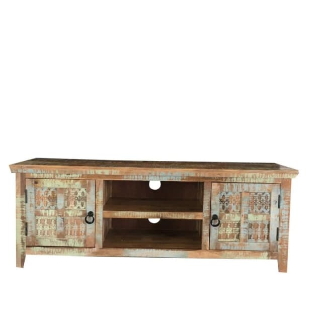 Jaipur Furniture Ltd Aravali 2 Door Plasma TV Cabinet - Mango Wood - L40 x W146 x H55cm - Distress Finish in Brown Brown Unisex