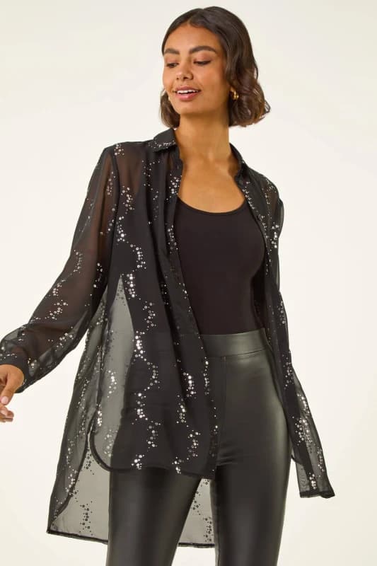 Roman Womens Spot Foil Print Longline Shirt in Black Size: 10 Black Female 10