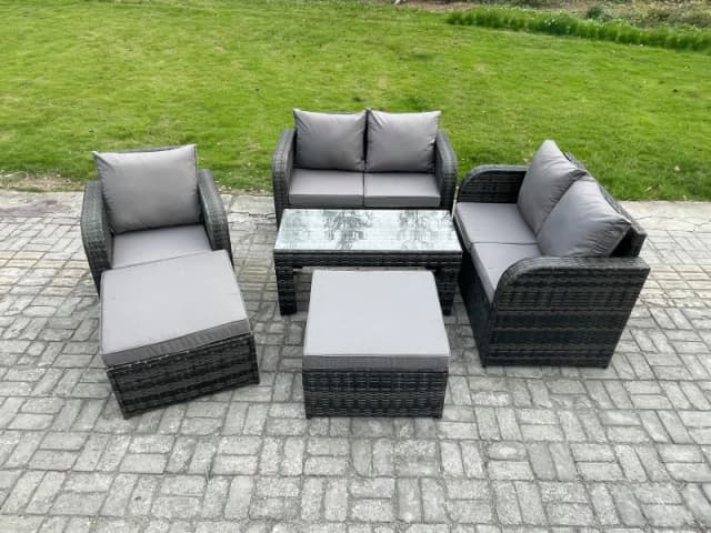 Fimous 7 Seater Rattan Wicker Garden Furniture Patio Conservatory Sofa Set with Rectangular Coffee Table Reclining Chair Love Sofa 2 Big Footstool Dar