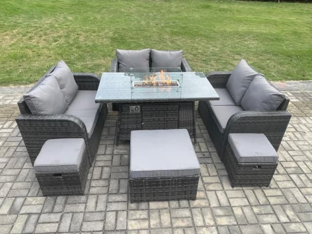 Fimous 9 Seater Outdoor Rattan Furniture Garden Dining Set Gas Fire Pit Table with Love Sofa 3 Footstools Dark Grey Mixed Dark Grey