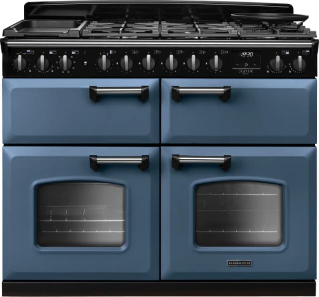 Rangemaster Classic Deluxe CLDLB110DFPSTB/CM1 110cm wide Dual Fuel Range Cooker with Gas Hob - Stone Blue / Chrome - A Rated