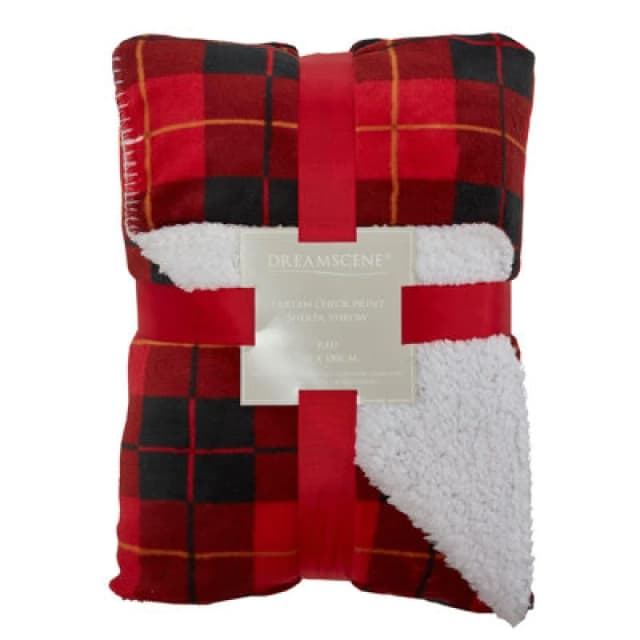 OHS OHS Large Tartan Sherpa Flannel Fleece Throw Over Bed Blanket Check Red Size: 150cm x 180cm Red 150cm x 180cm Unisex 5027434001552