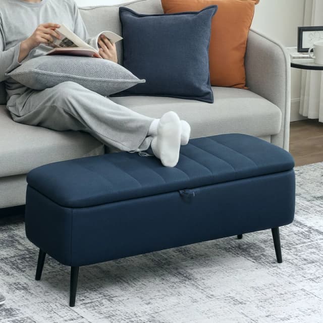HOMCOM HOMCOM Storage Ottoman Linen Fabric Bench with Flip Top for Living Room in Dark Blue Dark Blue One Size Unisex 5063603045125