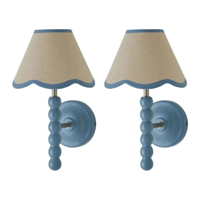 ValueLights Bobbins Pair of Blue Wall Lights with Linen Trim Lamp Shades & Bulbs in Pale Blue Pale Blue Unisex