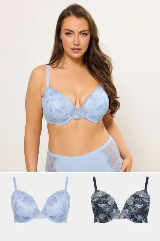 Yours Womens 2 Pack Embroidered Floral Padded Bras Size: 44E Multicolor Female 44E