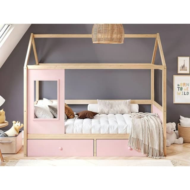 Flair Ted Play House Wooden Bed with Storage in Pink Size: Single Pink Unisex Single
